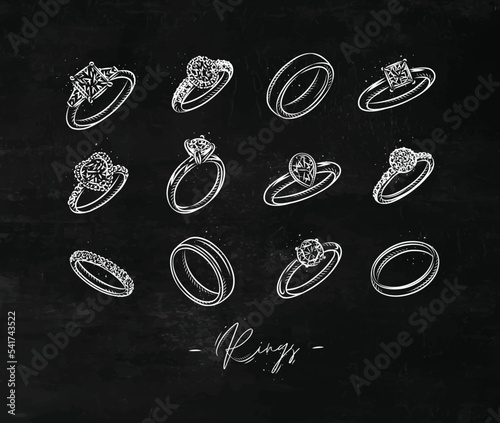 Obraz na płótnie Set of jewelry, engagement and wedding ring drawing in graphic vintage style on chalkboard background w salonie