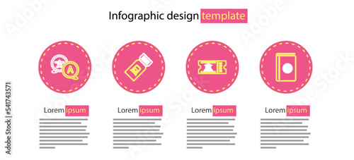 Set line Museum ticket, Cover book travel guide, Train and Translator icon. Vector