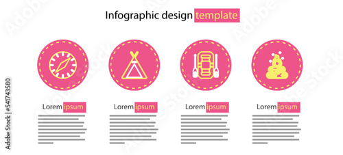Set line Rafting boat, Campfire, Tourist tent and Compass icon. Vector