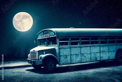 Photographie A school bus was abandoned overnight under the light of the full moon