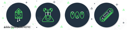 Set line Costume for women dirndl, Pistachio nuts, Retro wall watch and Harmonica icon. Vector