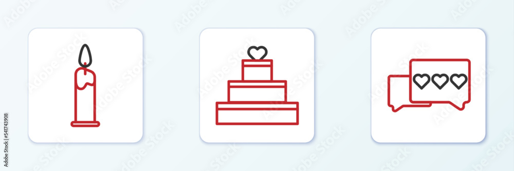 Set line Like and heart, Burning candle and Wedding cake with icon. Vector Set line Like and heart, Burning candle and Wedding cake with icon. Vector