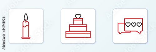 Set line Like and heart, Burning candle and Wedding cake with icon. Vector