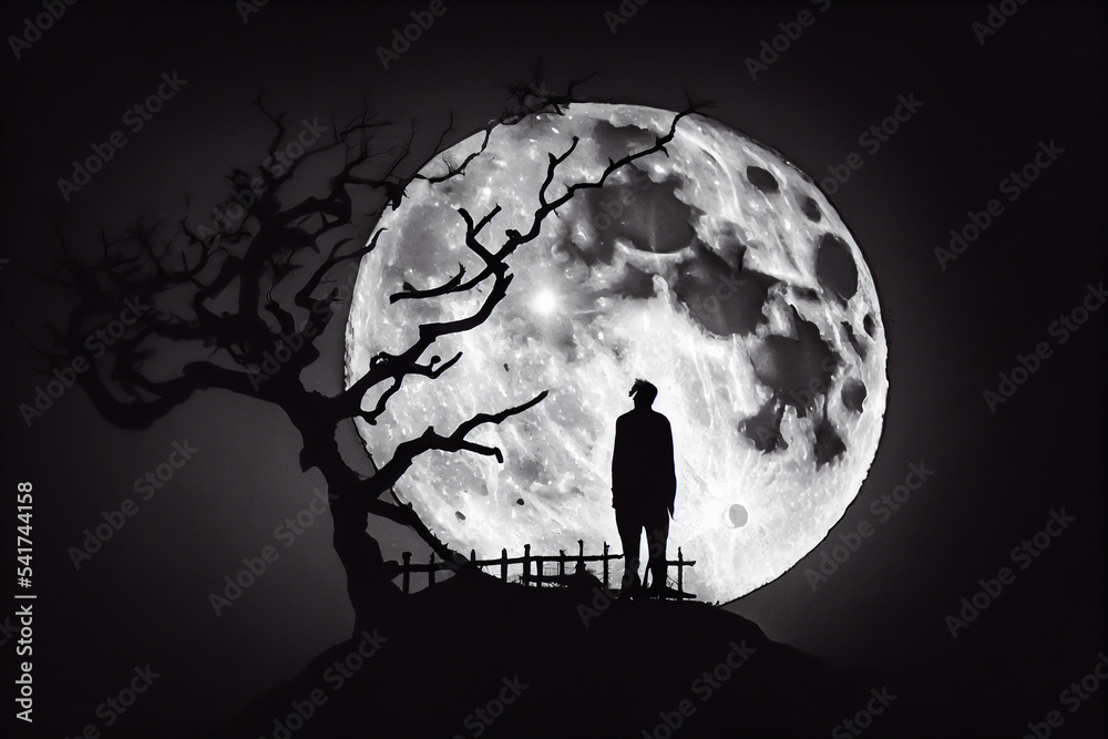 A silhouette in the night. Alone in the light of the full moon with a dead tree. Mysterious and terrifying atmosphere.