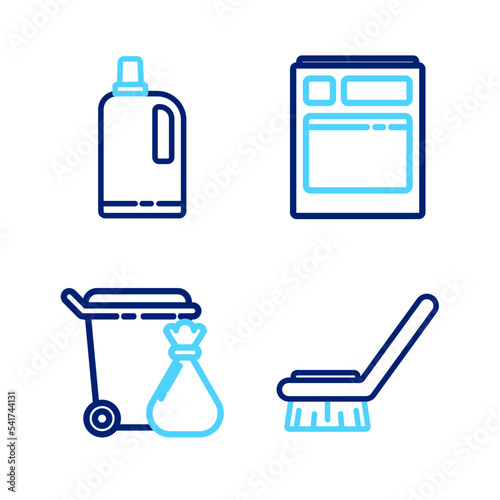 Set line Brush for cleaning, Trash can and garbage bag, Kitchen dishwasher machine and Fabric softener icon. Vector