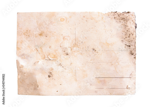 Isolated back side of an old postcard, almost destroyed, worn and faded, with lots of blank space to fill with your content.
