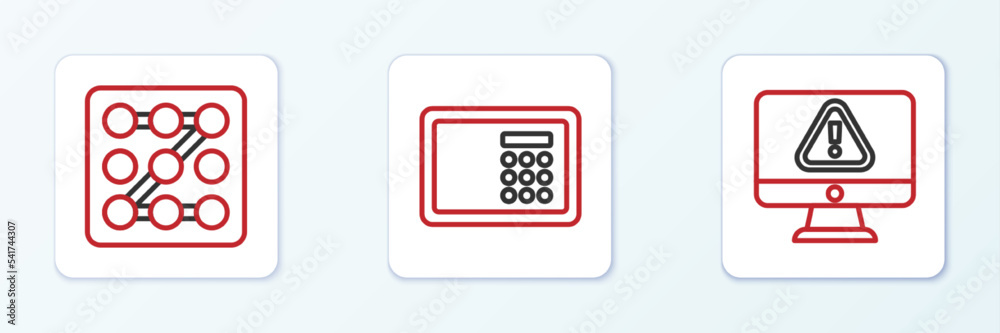 Set line Monitor with exclamation mark, Graphic password protection and Safe icon. Vector Set line Monitor with exclamation mark, Graphic password protection and Safe icon. Vector