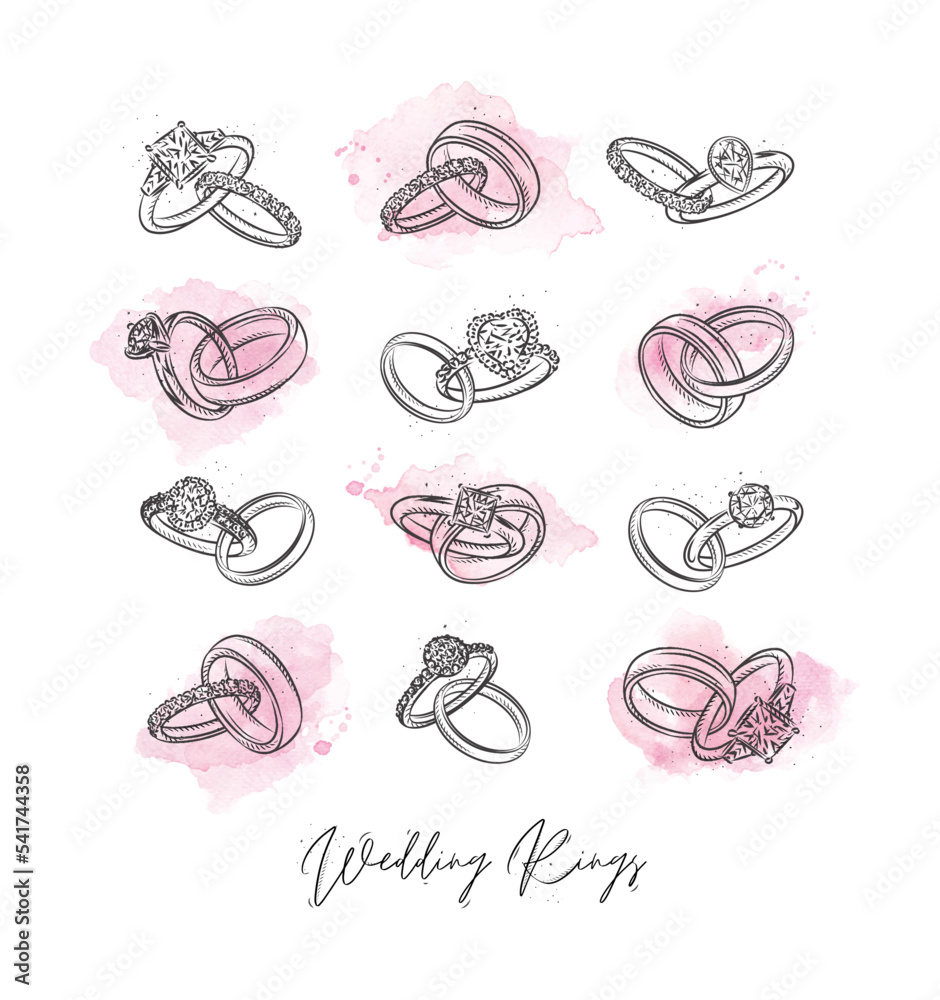 Wedding and engagement ring drawing in vintage graphic style with pink blots on white background