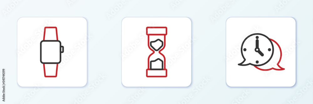 Set line Clock speech bubble, Smartwatch and Old hourglass icon. Vector Set line Clock speech bubble, Smartwatch and Old hourglass icon. Vector