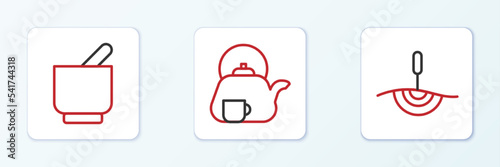 Set line Acupuncture therapy, Mortar and pestle and Teapot with icon. Vector