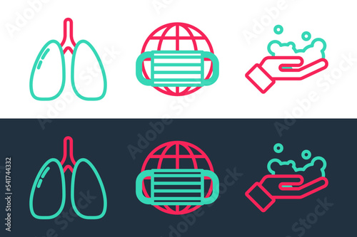 Set line Washing hands with soap, Lungs and Earth medical mask icon. Vector