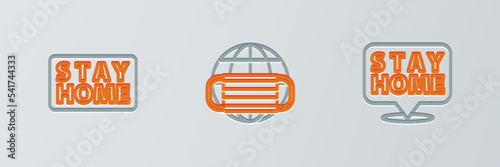 Set line Stay home, and Earth with medical mask icon. Vector