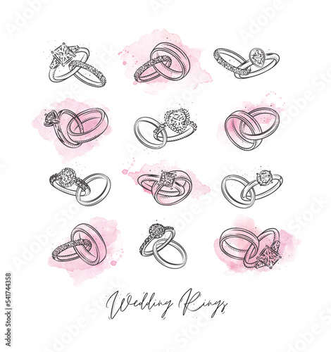 Obraz na płótnie Wedding and engagement ring drawing in vintage graphic style with pink blots on white background w salonie