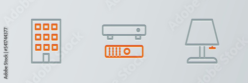 Set line Table lamp, House and Multimedia and TV box icon. Vector photo