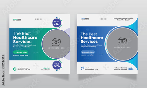 Medical healthcare social media post design and square web banner template