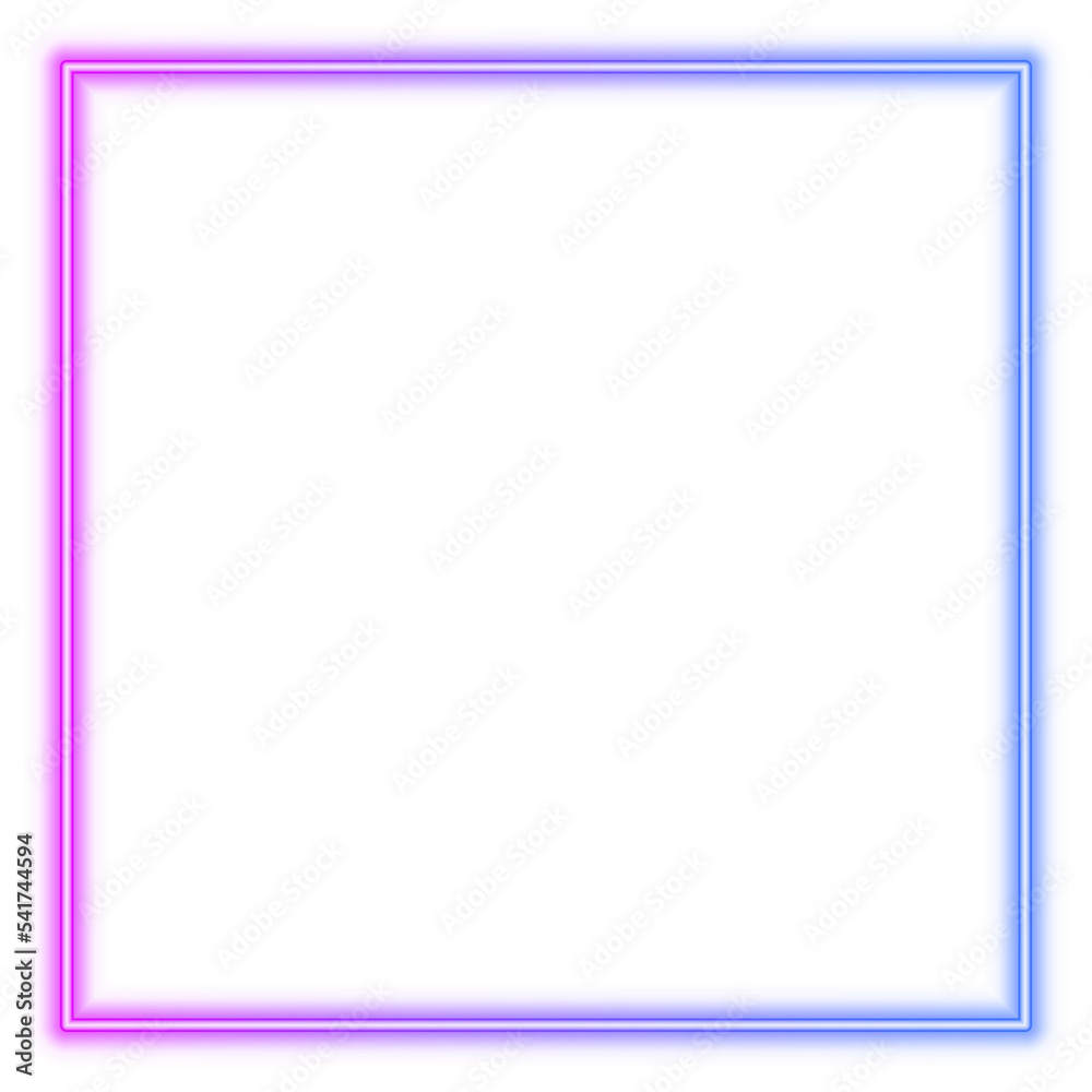 Illustration of neon electric style square frame. Gradient pink purple blue color. Isolated on transparent background. - obrazy, fototapety, plakaty 