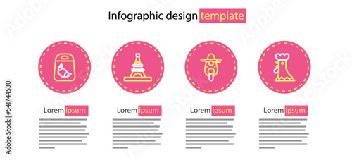 Set line Scooter, French rooster, Eiffel tower and Croissant package icon. Vector