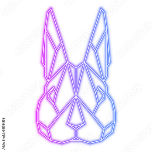 Illustration of geometric symmetrical rabbit bunny face. Neon electric lamp linear style. Pink, purple, blue gradient. Isolated on transparent background. 2023 New Year, Easter symbol icon.