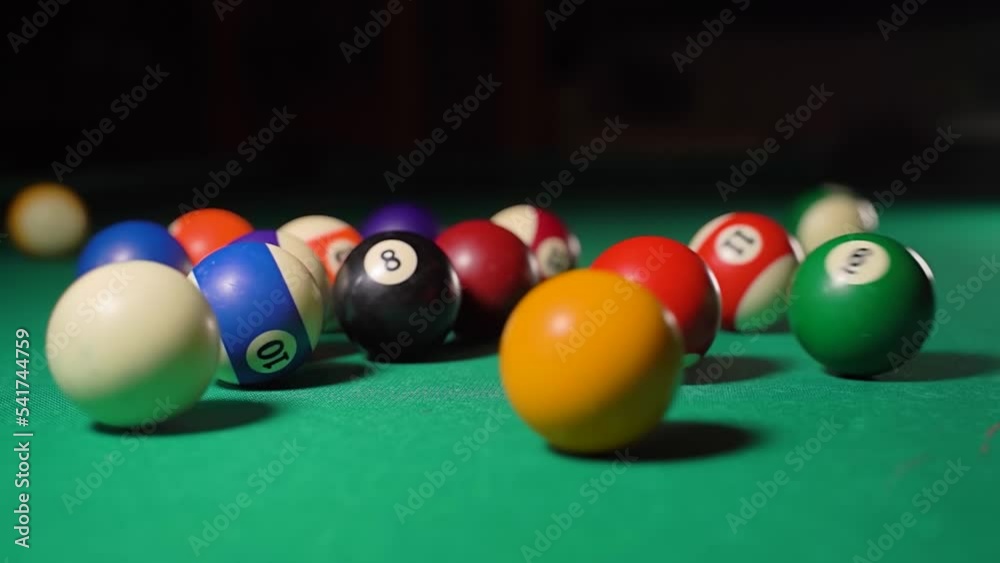 Breakdown of a pyramid. Beginning of American billiards pool. Slow motion Breakdown of a pyramid. Beginning of American billiards pool. Slow motion