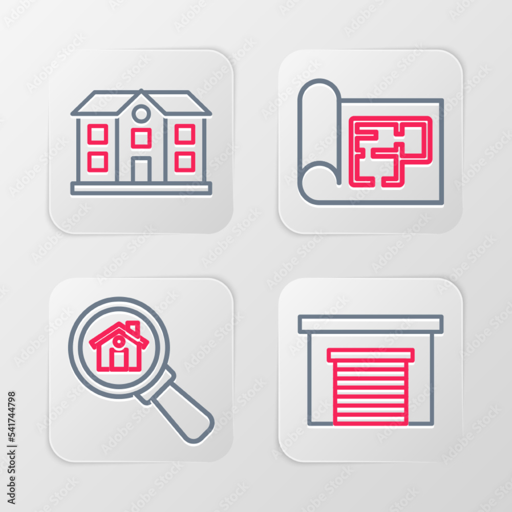 Set line Garage, Search house, House plan and icon. Vector