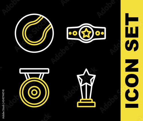 Set line Boxing belt, Award cup, Gong and Tennis ball icon. Vector