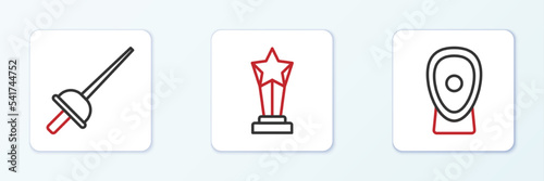 Set line Boxing training paws, Fencing and Award cup icon. Vector