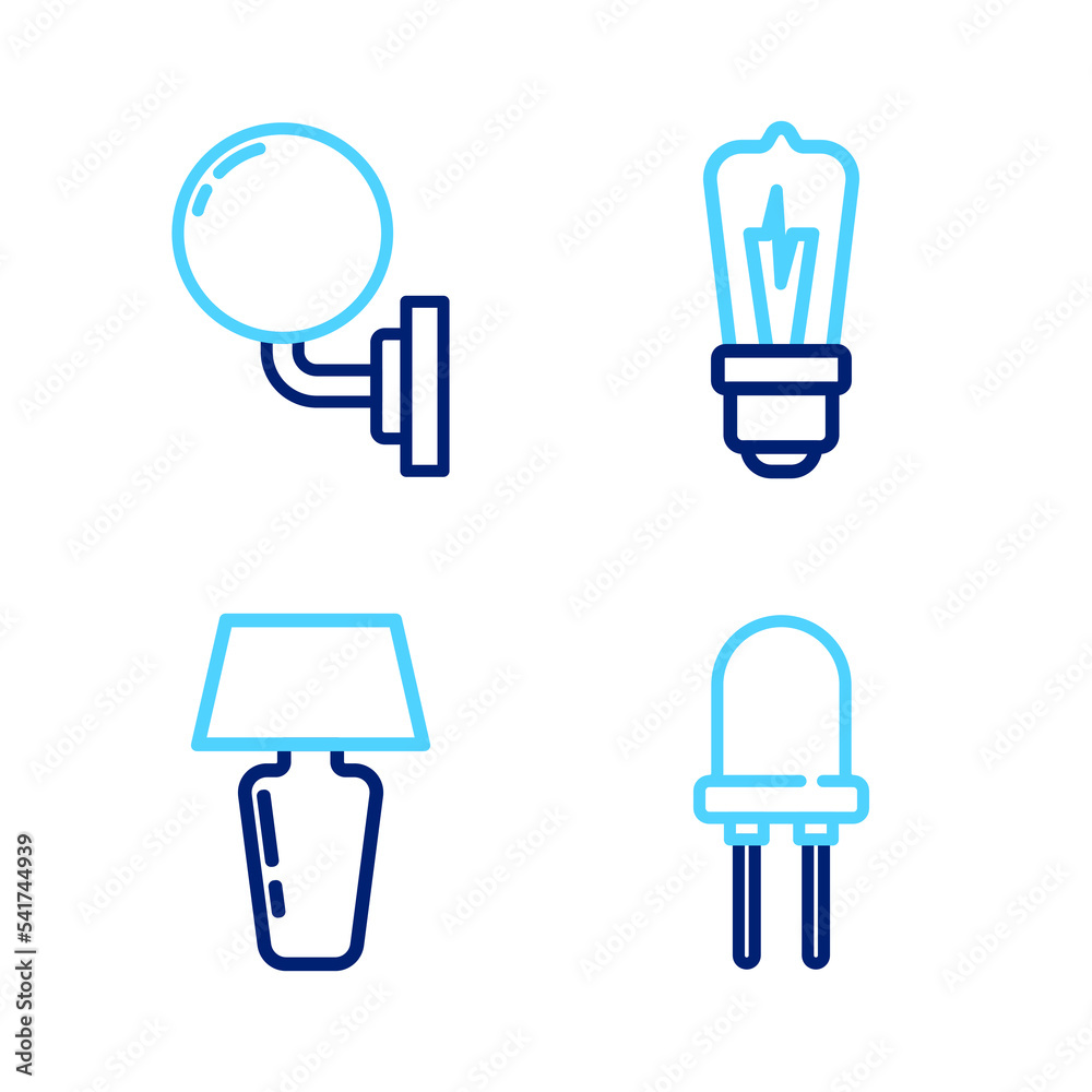 Set line Light emitting diode, Table lamp, bulb and Wall or sconce icon. Vector Set line Light emitting diode, Table lamp, bulb and Wall or sconce icon. Vector