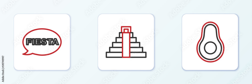 Set line Avocado fruit, Fiesta and Chichen Itza in Mayan icon. Vector Set line Avocado fruit, Fiesta and Chichen Itza in Mayan icon. Vector
