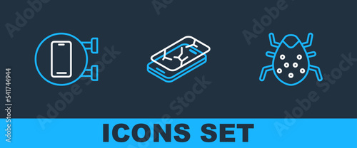 Set line System bug, Phone repair service and Mobile with broken screen icon. Vector