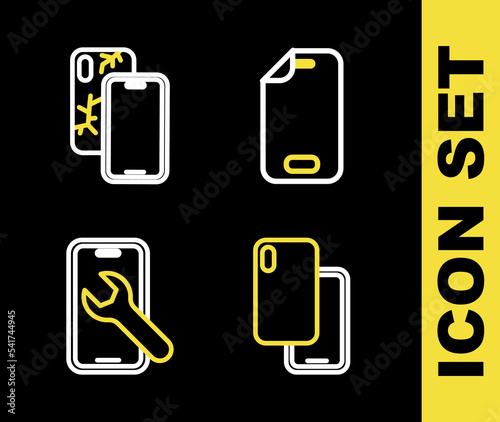 Set line Glass screen protector, Smartphone, Mobile service and with broken icon. Vector
