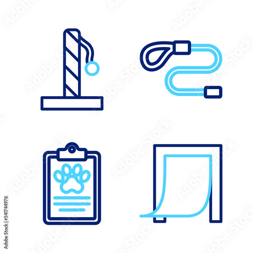 Set line Door for pet, Clinical record, Retractable leash and Cat scratching post icon. Vector