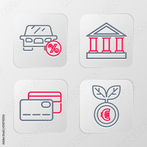 Set line Euro plant, Credit card, Bank building and Car leasing percent icon. Vector