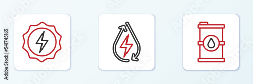 Set line Bio fuel barrel, Lightning bolt and Water energy icon. Vector