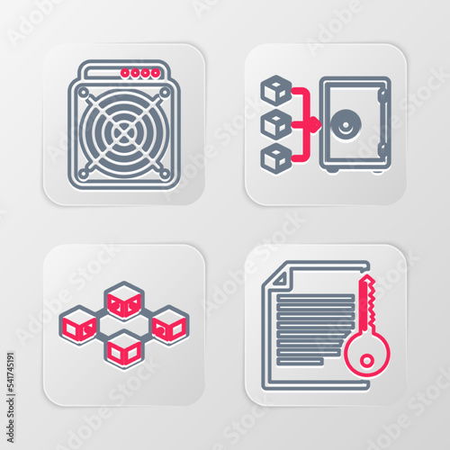 Set line Smart contract, Blockchain technology, Proof of stake and ASIC Miner icon. Vector