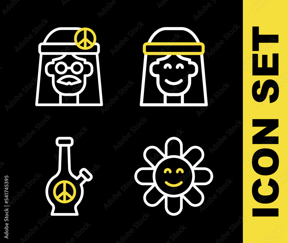 Set line Hippie girl, Flower, Bong and icon. Vector