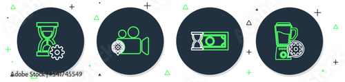 Set line Video camera setting  Fast payments  Hourglass and Blender with bowl icon. Vector