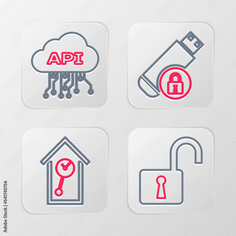 Set line Open padlock, Retro wall watch, USB flash drive with and Cloud api interface icon. Vector Set line Open padlock, Retro wall watch, USB flash drive with and Cloud api interface icon. Vector