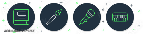 Set line Paint brush, Microphone, Book and Music synthesizer icon. Vector