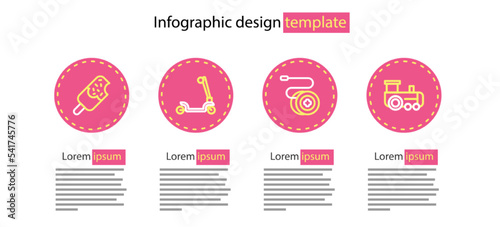 Set line Yoyo toy, Toy train, Roller scooter and Ice cream icon. Vector