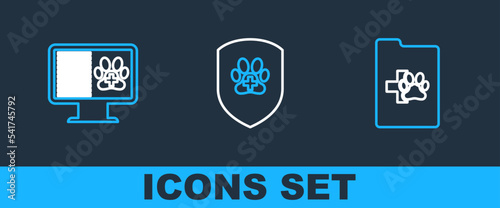 Set line Clinical record pet, on monitor and Animal health insurance icon. Vector