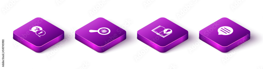 Set Isometric Question and Exclamation, Microorganisms under magnifier, Interesting facts and Speech bubble chat icon. Vector Set Isometric Question and Exclamation, Microorganisms under magnifier, Interesting facts and Speech bubble chat icon. Vector