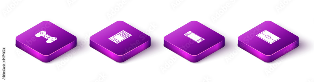Set Isometric Gamepad, Create account screen, Portable video game console and Chest for icon. Vector Set Isometric Gamepad, Create account screen, Portable video game console and Chest for icon. Vector