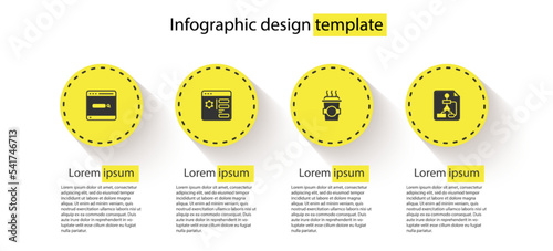 Set Search engine, Browser setting, Coffee cup to go and Flowchart. Business infographic template. Vector