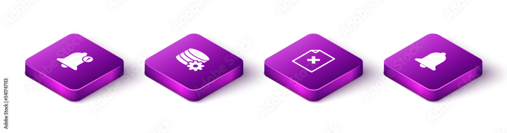 Set Isometric Bell, Setting database server, Delete file document and Ringing bell icon. Vector Set Isometric Bell, Setting database server, Delete file document and Ringing bell icon. Vector