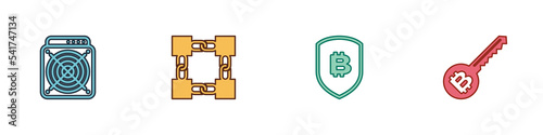 Set ASIC Miner, Blockchain technology, Shield with bitcoin and Cryptocurrency key icon. Vector