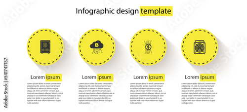 Set Proof of stake, Cryptocurrency cloud mining, bitcoin circuit and ASIC Miner. Business infographic template. Vector