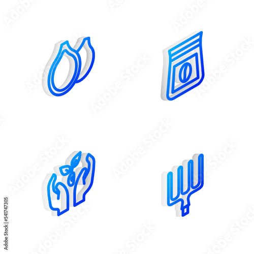 Set Isometric line Bag of coffee beans, Pumpkin seeds, Plant hand and Garden pitchfork icon. Vector