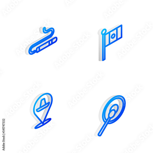 Set Isometric line Mexico flag  Cigar  Mexican sombrero and Gong icon. Vector
