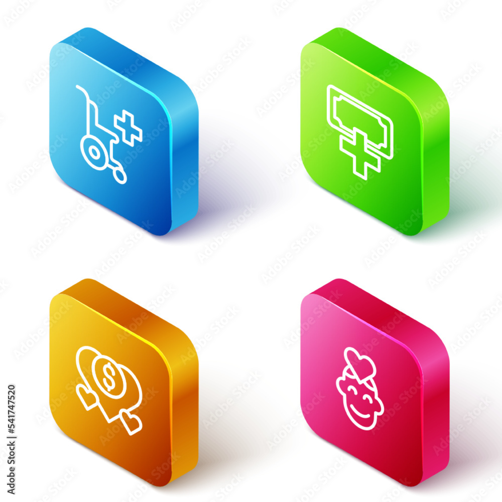 Set Isometric line Wheelchair for disabled person, Donation and charity, and Volunteer icon. Vector Set Isometric line Wheelchair for disabled person, Donation and charity, and Volunteer icon. Vector