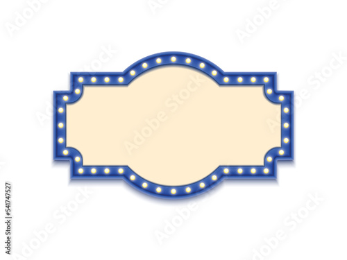 Antique shape marquee vintage 3d lightbox with glowing bulb. Blue color retro frame design vector illustration.